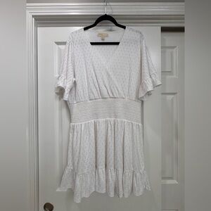 Michael Kors White eyelet smocked waist dress with Ruffle Sleeves XL NWOT